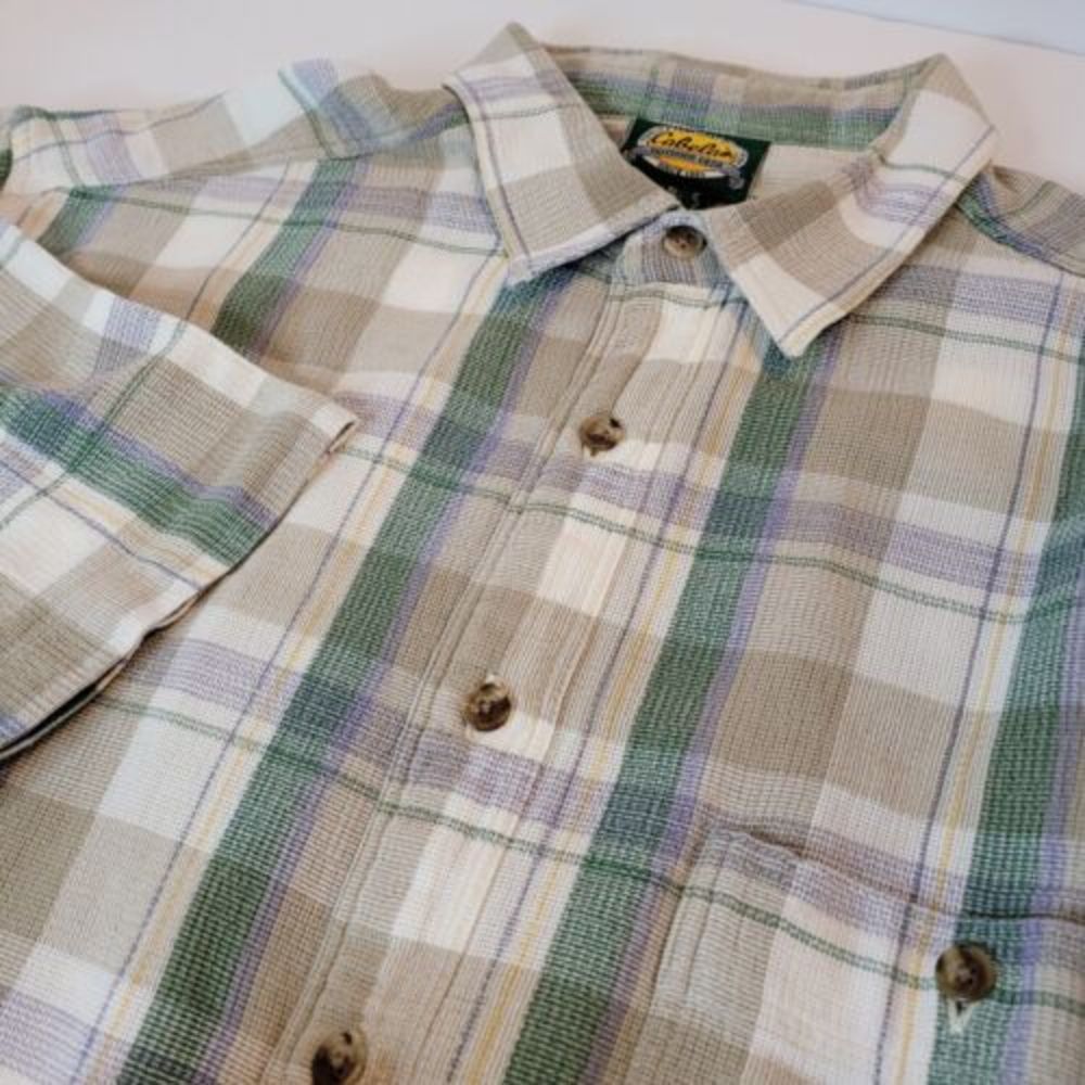 Cabela's Ivory/Green Plaid Camp Shirt, Size XLT